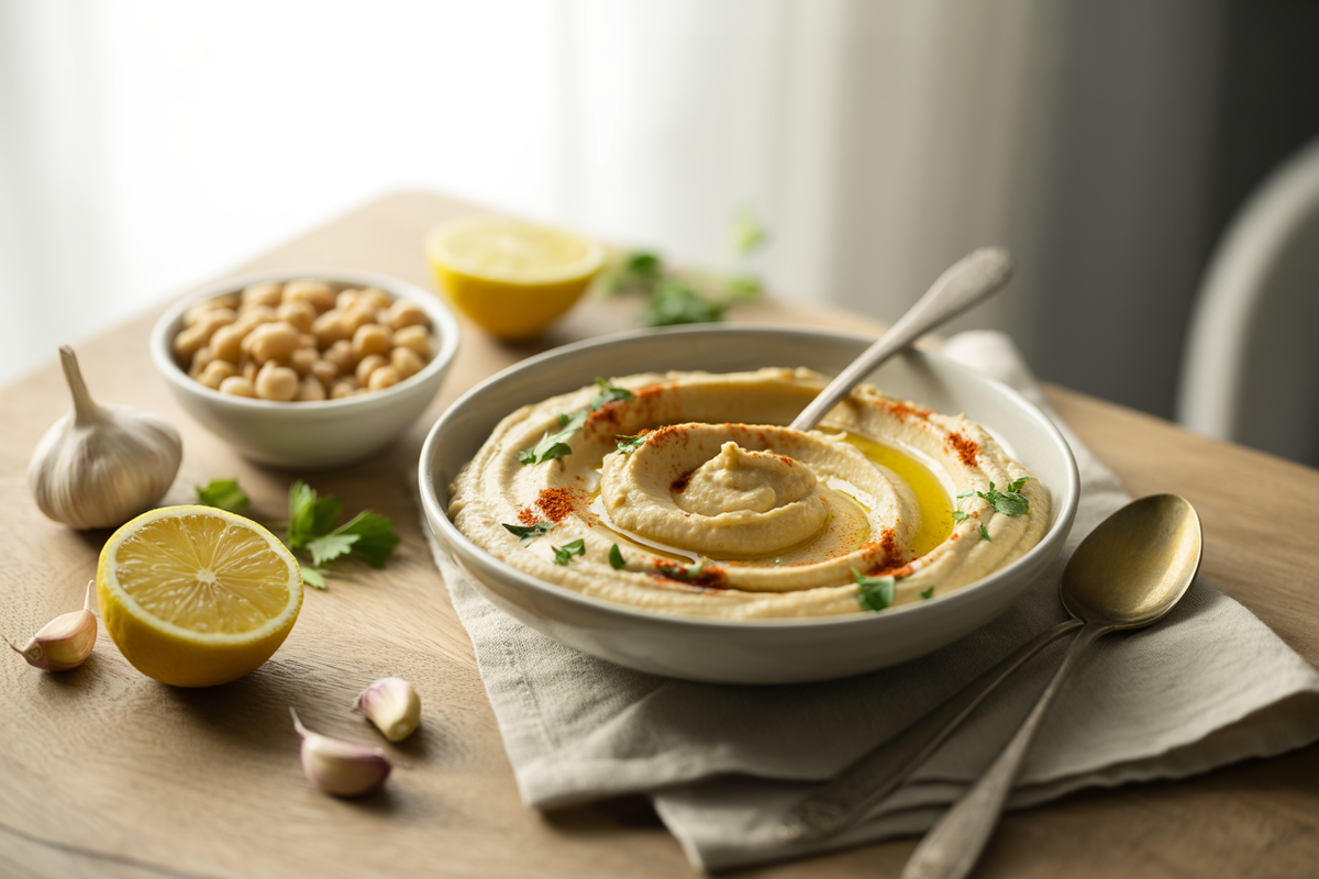 Bowl of vegan hummus with olive oil, paprika and parsley