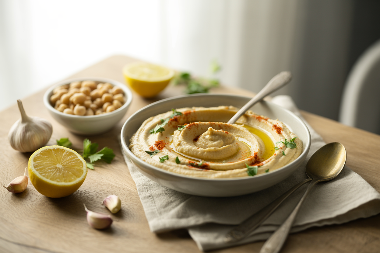 Bowl of vegan hummus with olive oil, paprika and parsley
