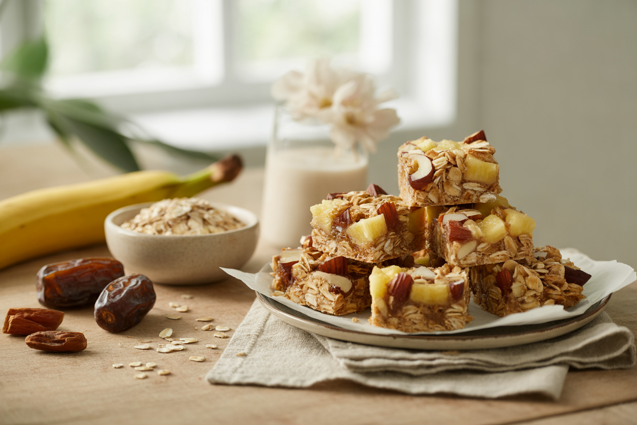 Baked oat fruit bars with dates, pineapple, coconut and almonds