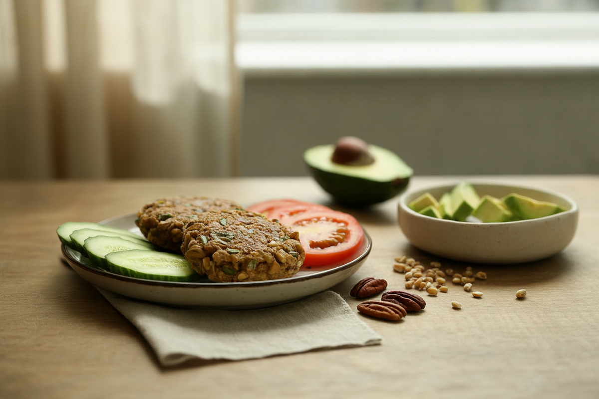 Pecan and wheat berry breakfast patties with tomato and cucumber