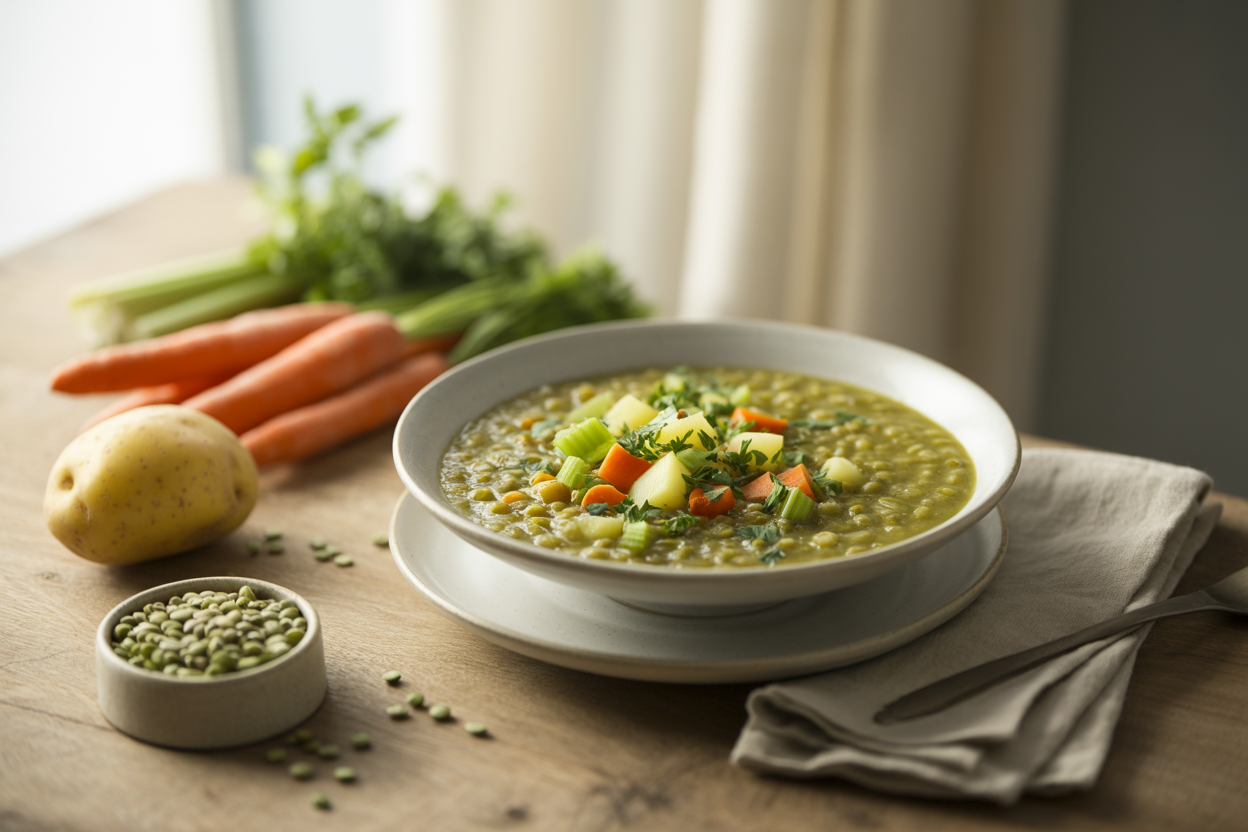 Vegan split pea soup with barley, carrots, celery and potatoes