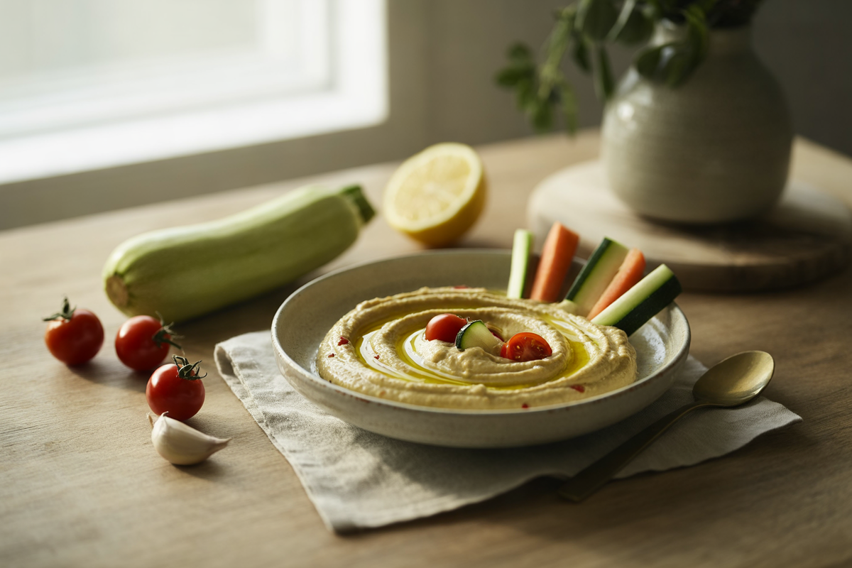 Vegetable hummus with tomatoes and zucchini