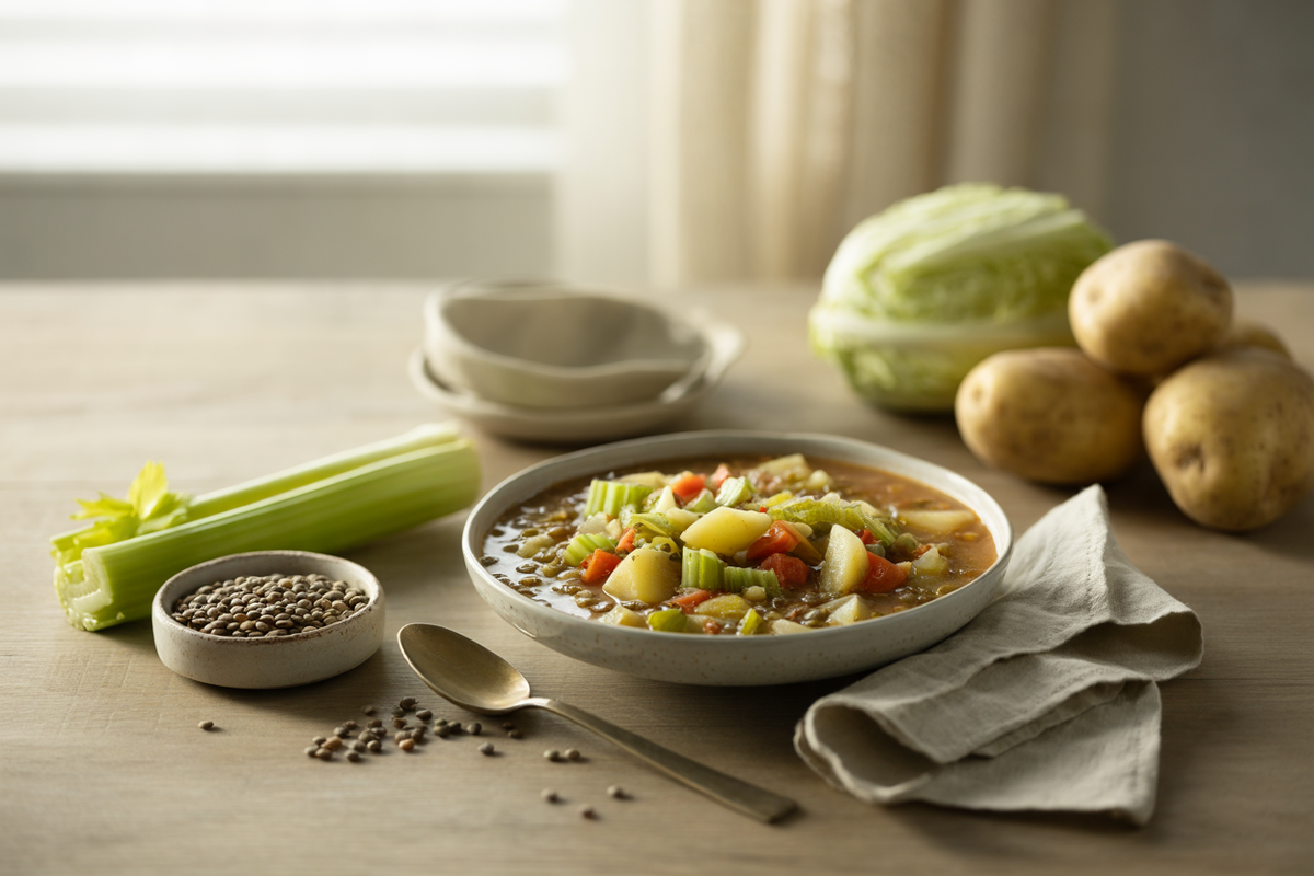 Vegetable lentil soup with potatoes and cabbage