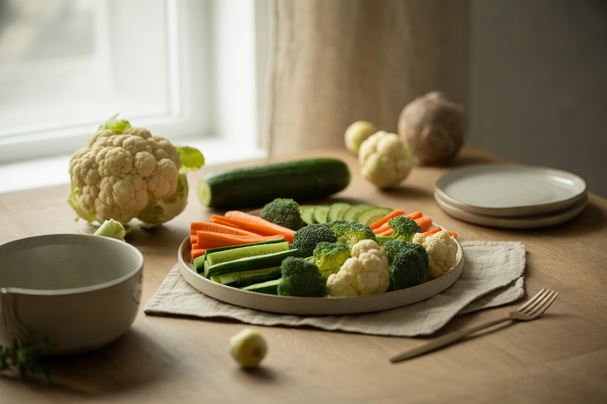 Raw vegetable salad with carrots, broccoli, cauliflower and cucumber