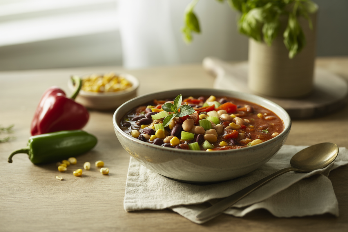 Three-bean vegetarian chili with corn, red peppers and tomatoes