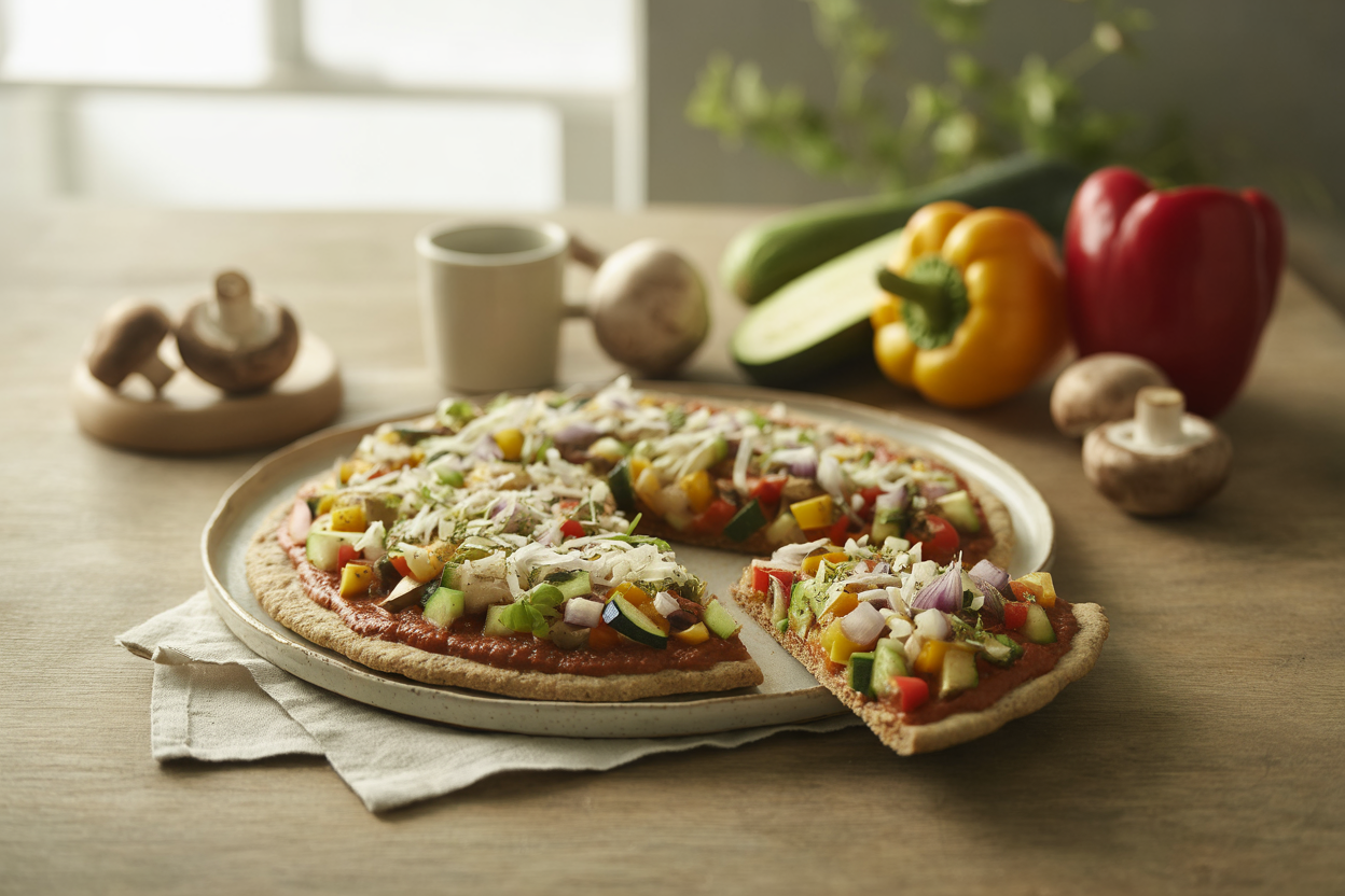 Vegetarian pizza with bell pepper, zucchini, squash and mushrooms