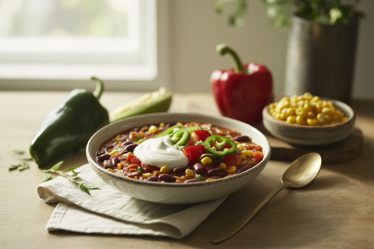 Veggie chili with kidney beans, peppers and corn topped with cashew sour cream