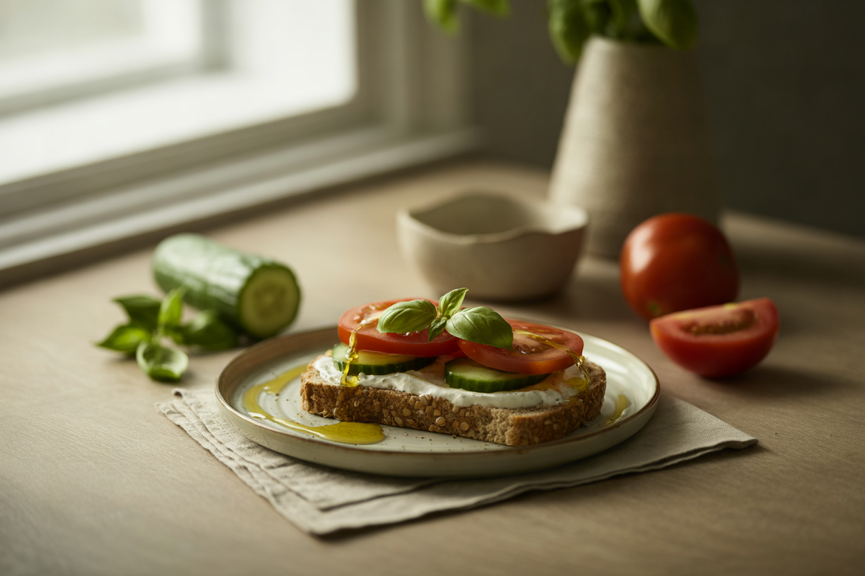 Tomato cucumber basil sandwich on whole grain bread