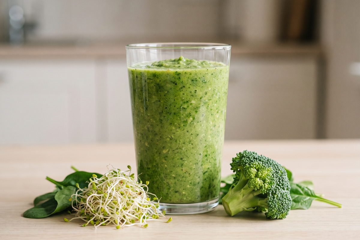 Green vegetable smoothie with sprouts, spinach and broccoli