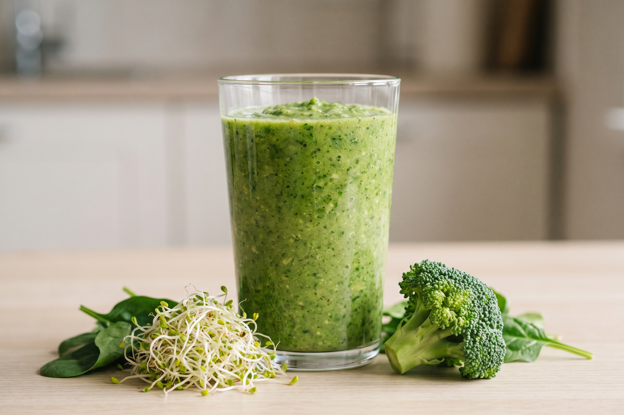 Green vegetable smoothie with sprouts, spinach and broccoli