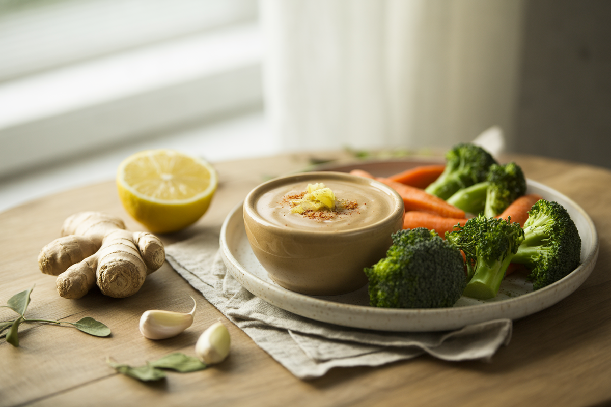 Almond butter veggie sauce with ginger, lemon and garlic