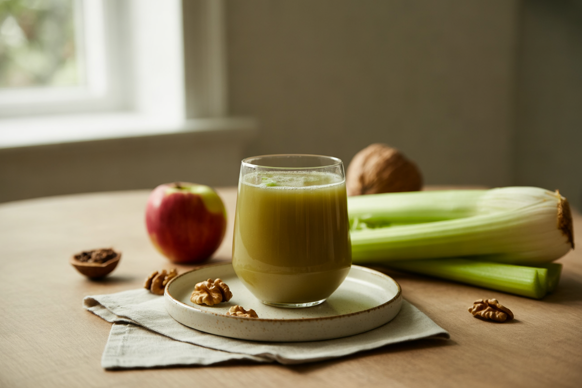 Waldorf salad in a glass, apple celery juice with walnuts