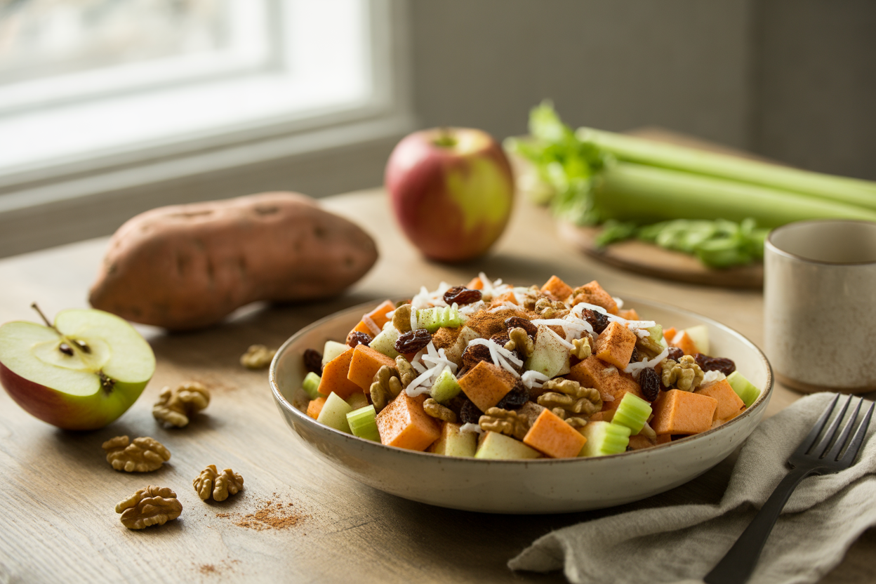 Sweet potato Waldorf salad with apple, walnuts and raisins
