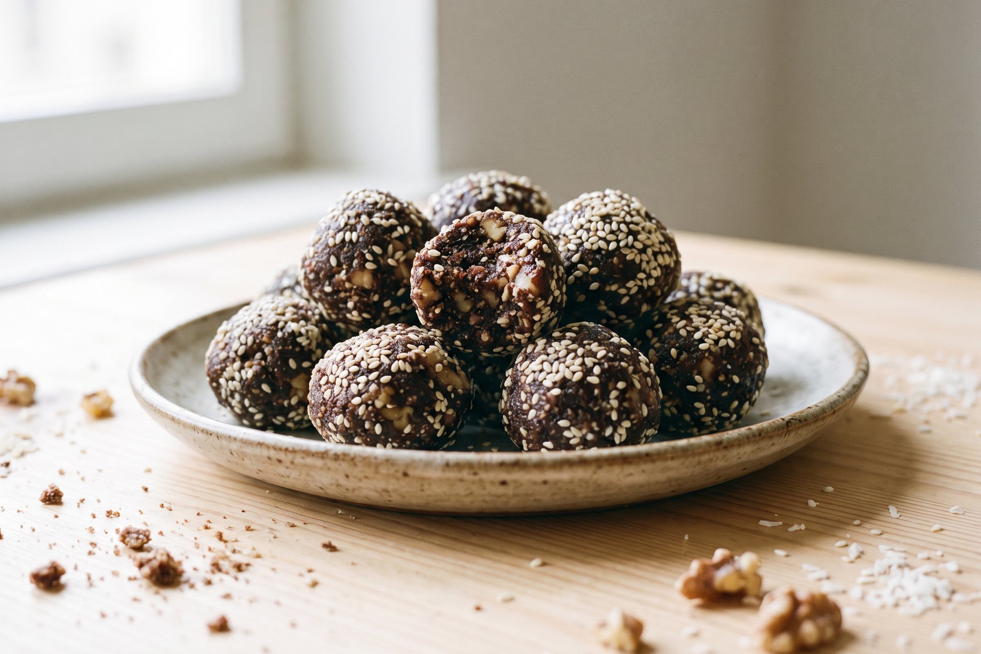 Walnut candy balls on a small plate with scattered walnuts