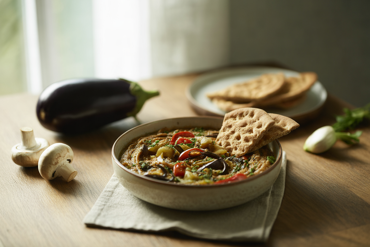 Warm eggplant dip with tomatoes and mushrooms
