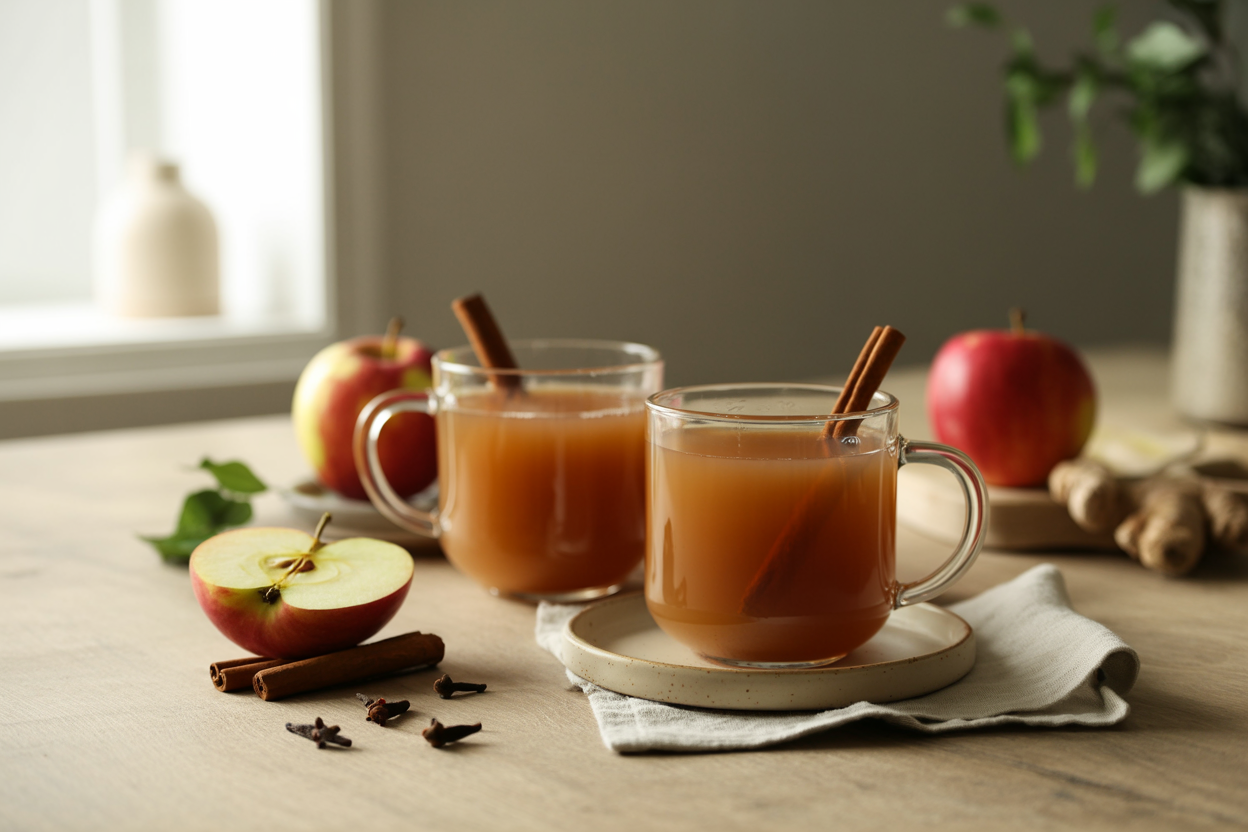 Mugs of warm spiced apple cider with cinnamon sticks and fresh apples