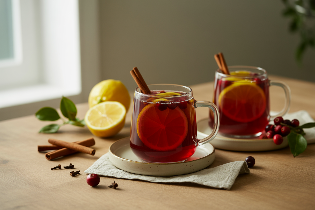 Mugs of warm wassail with lemon slices, cinnamon sticks and cloves