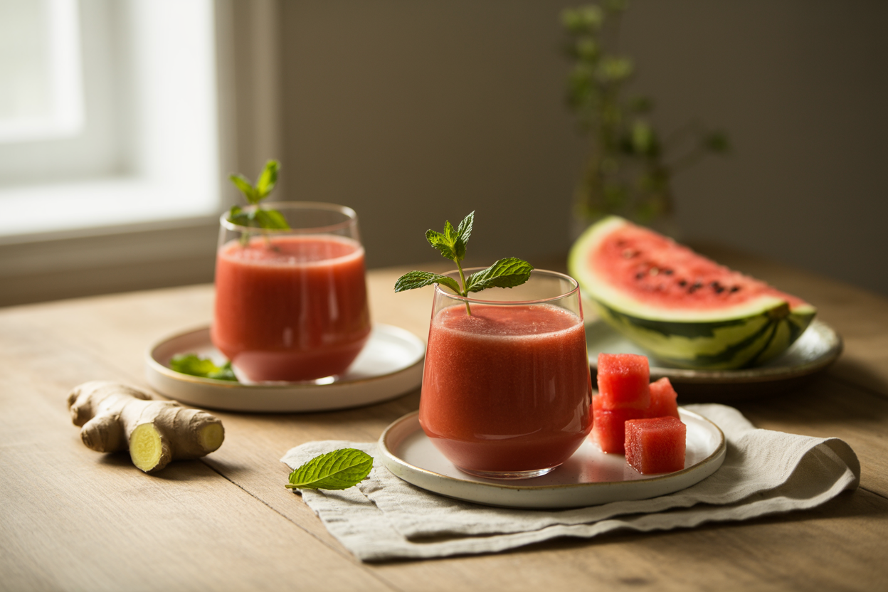 Watermelon ginger mint smoothie with fresh watermelon