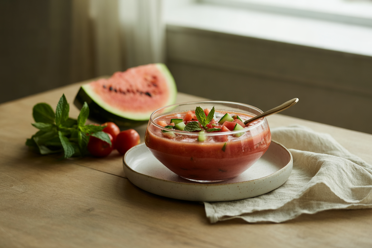 Watermelon summer gazpacho with mint and basil