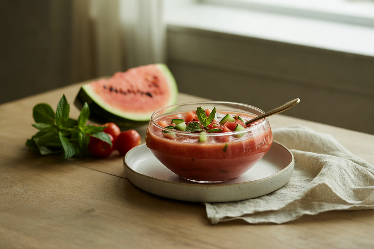Watermelon summer gazpacho with mint and basil