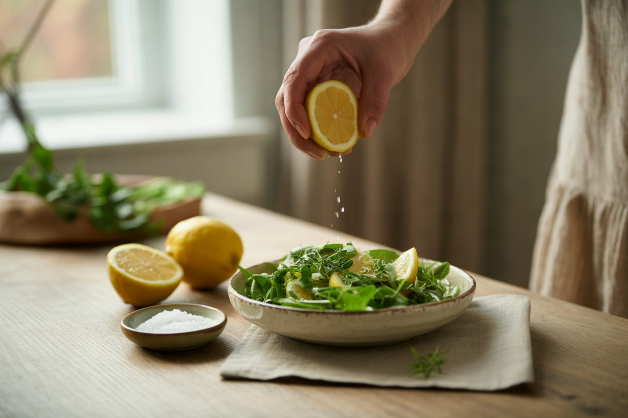 Simple lemon juice and sea salt dressing on a fresh salad