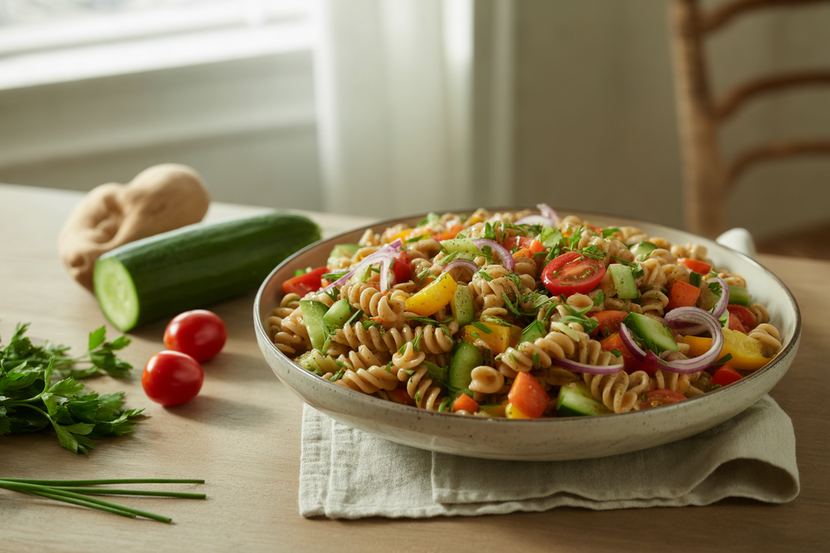 Whole grain pasta salad with fresh vegetables and herbs