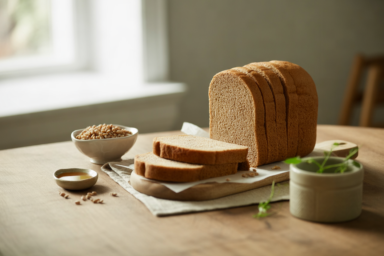 Whole wheat bread loaf with slices