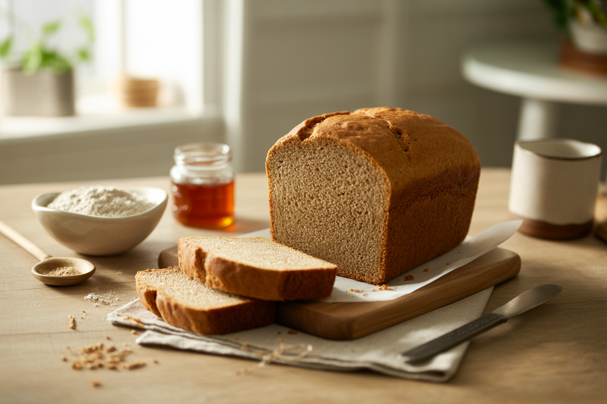 Loaf of whole wheat honey bread with two slices cut and a jar of honey