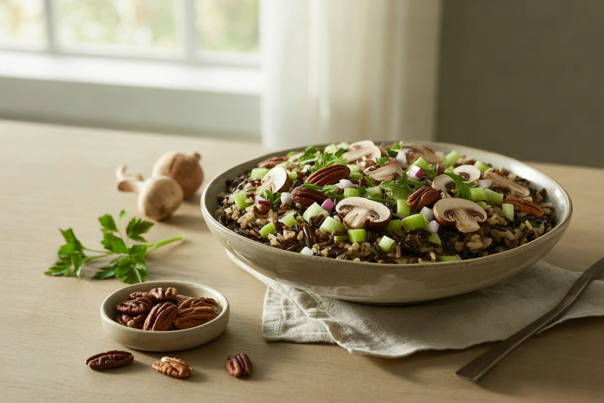 Wild rice holiday dressing with mushrooms, celery and pecans