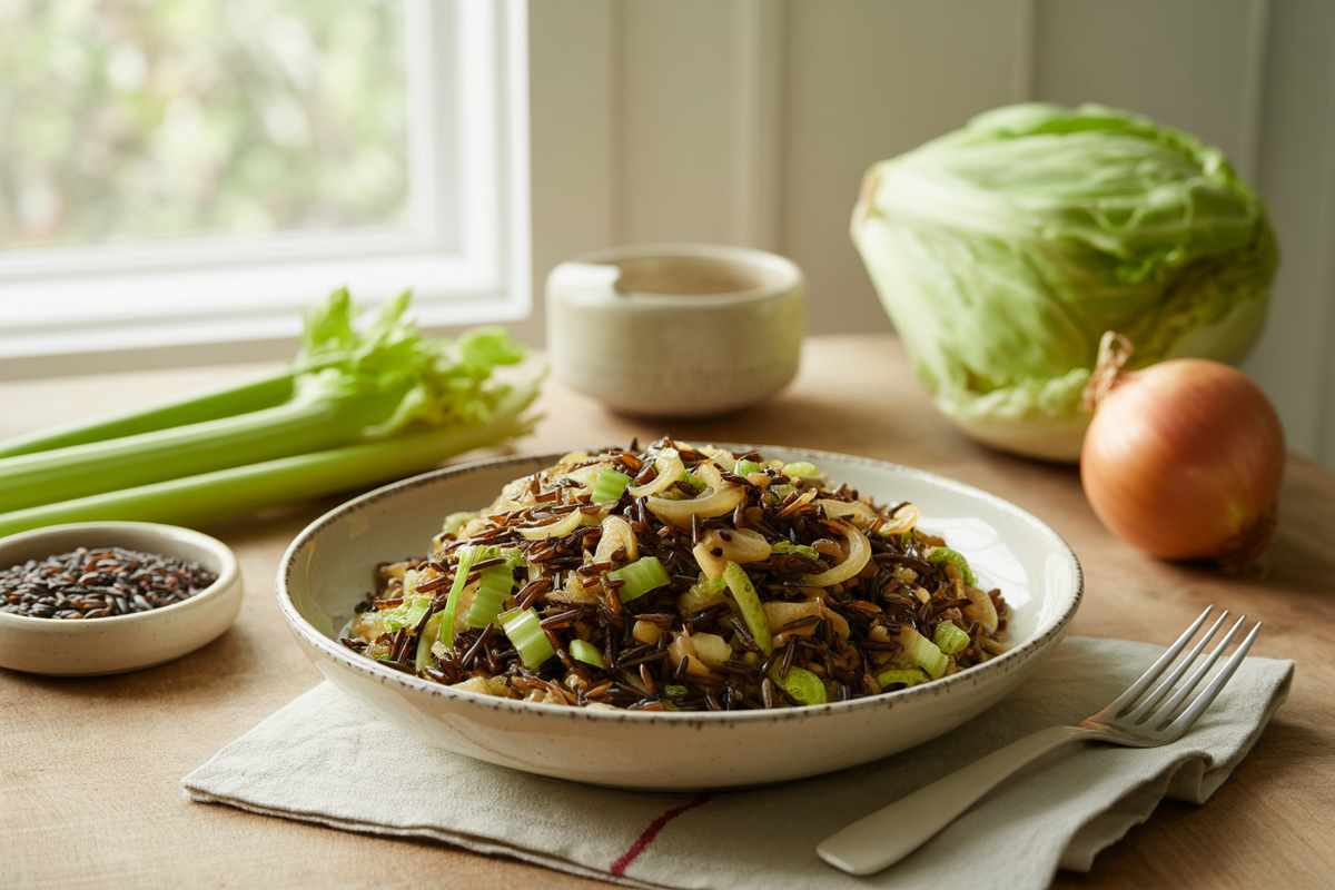 Wild rice with sautéed onion, celery and green cabbage in a white bowl