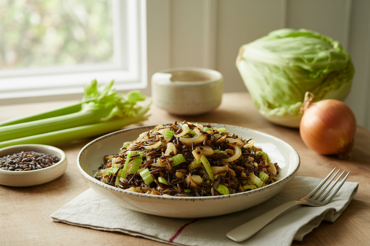 Wild rice with sautéed onion, celery and green cabbage in a white bowl