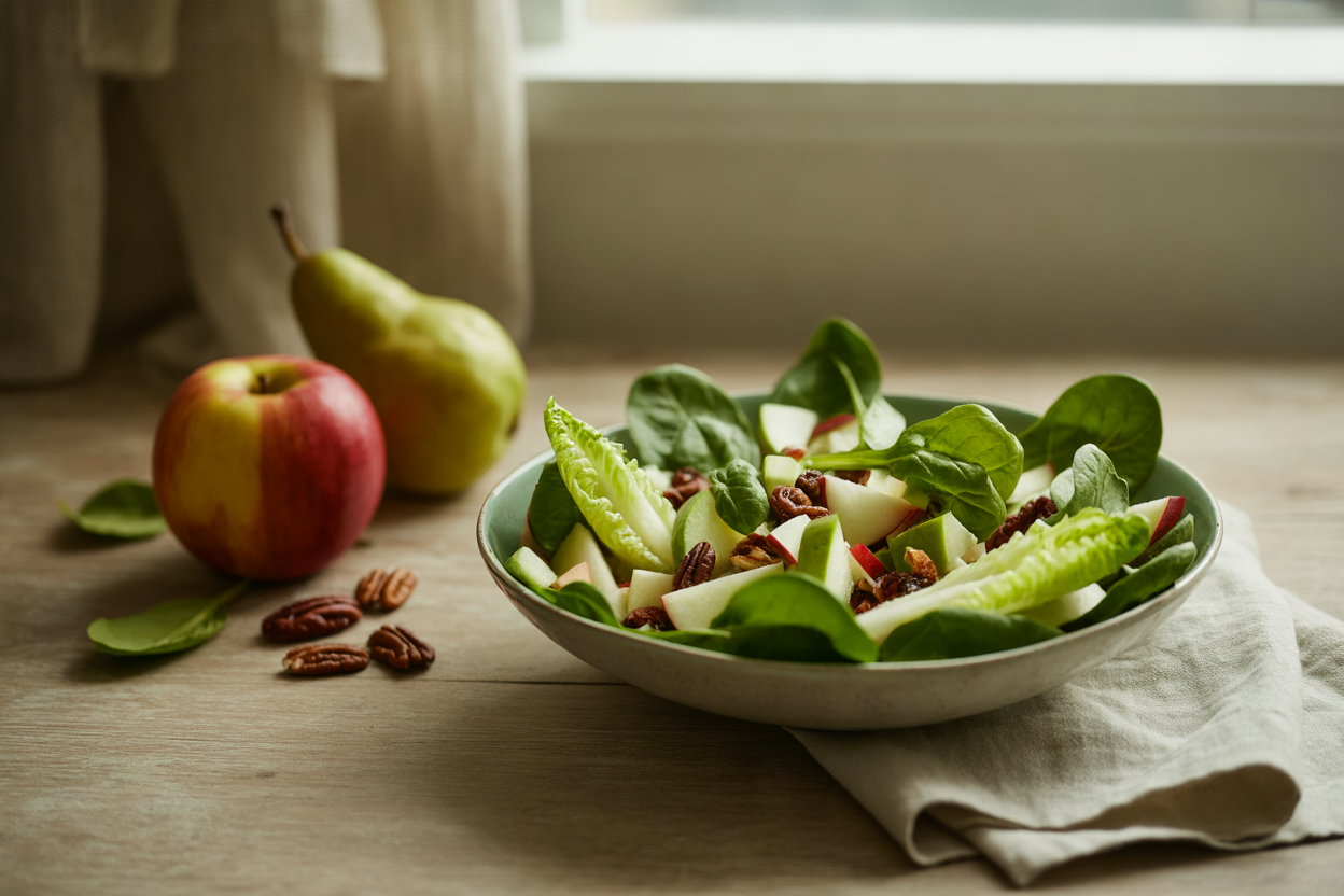 Winter salad with apple, pear, pecans and raisins