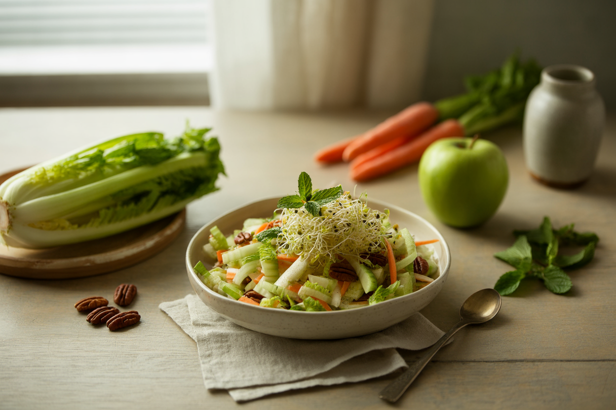 Romaine slaw with apple, carrot, sprouts, mint and pecans