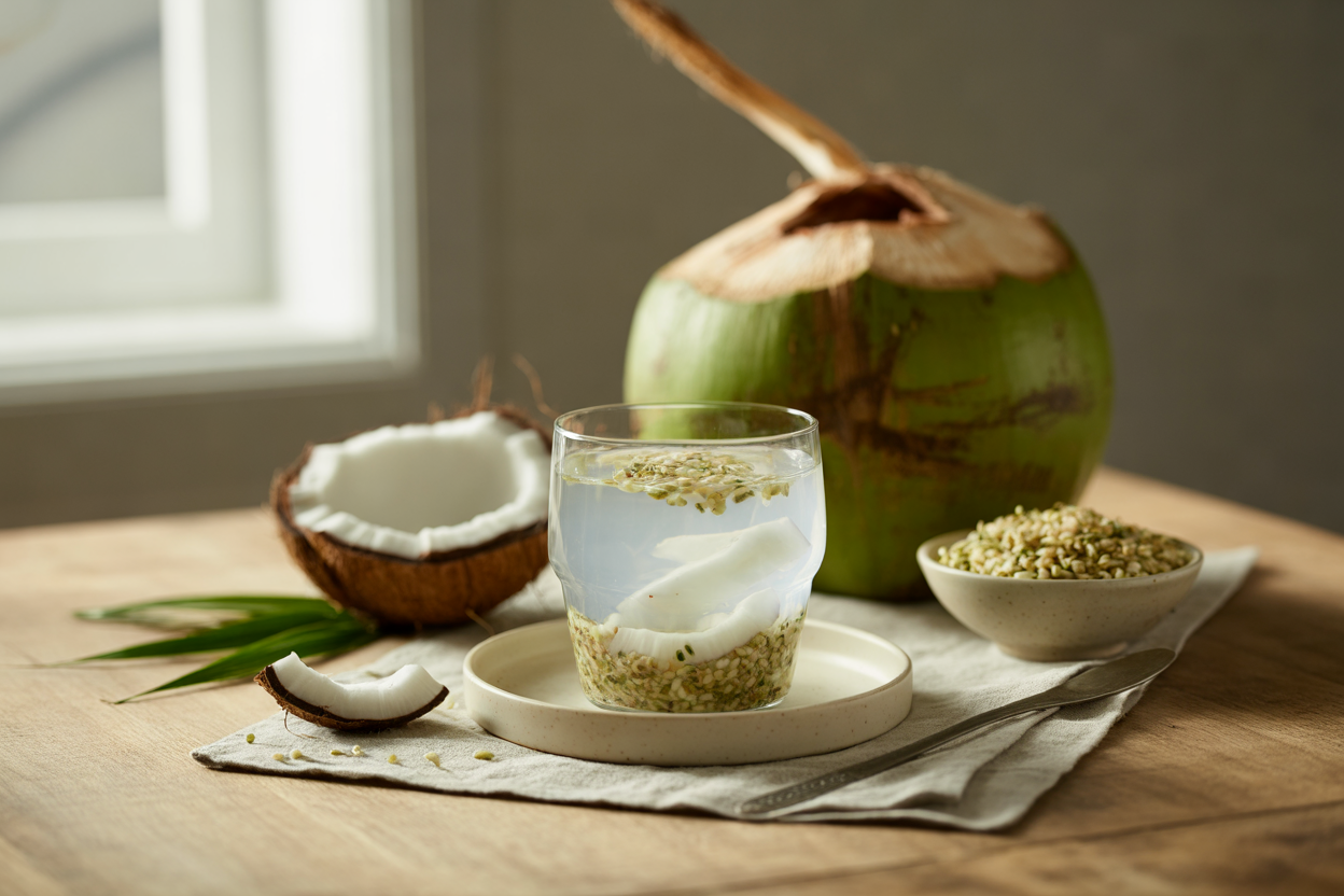 Coconut water recovery drink with coconut meat and hemp seeds