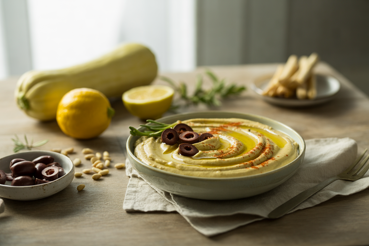 Yellow squash raw hummus with olives and paprika