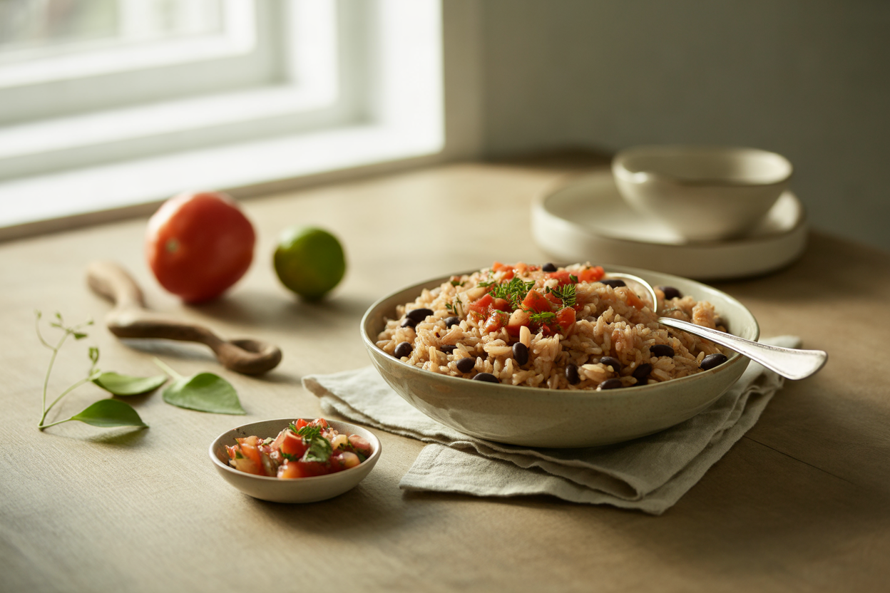 Mexican brown rice and black beans with salsa