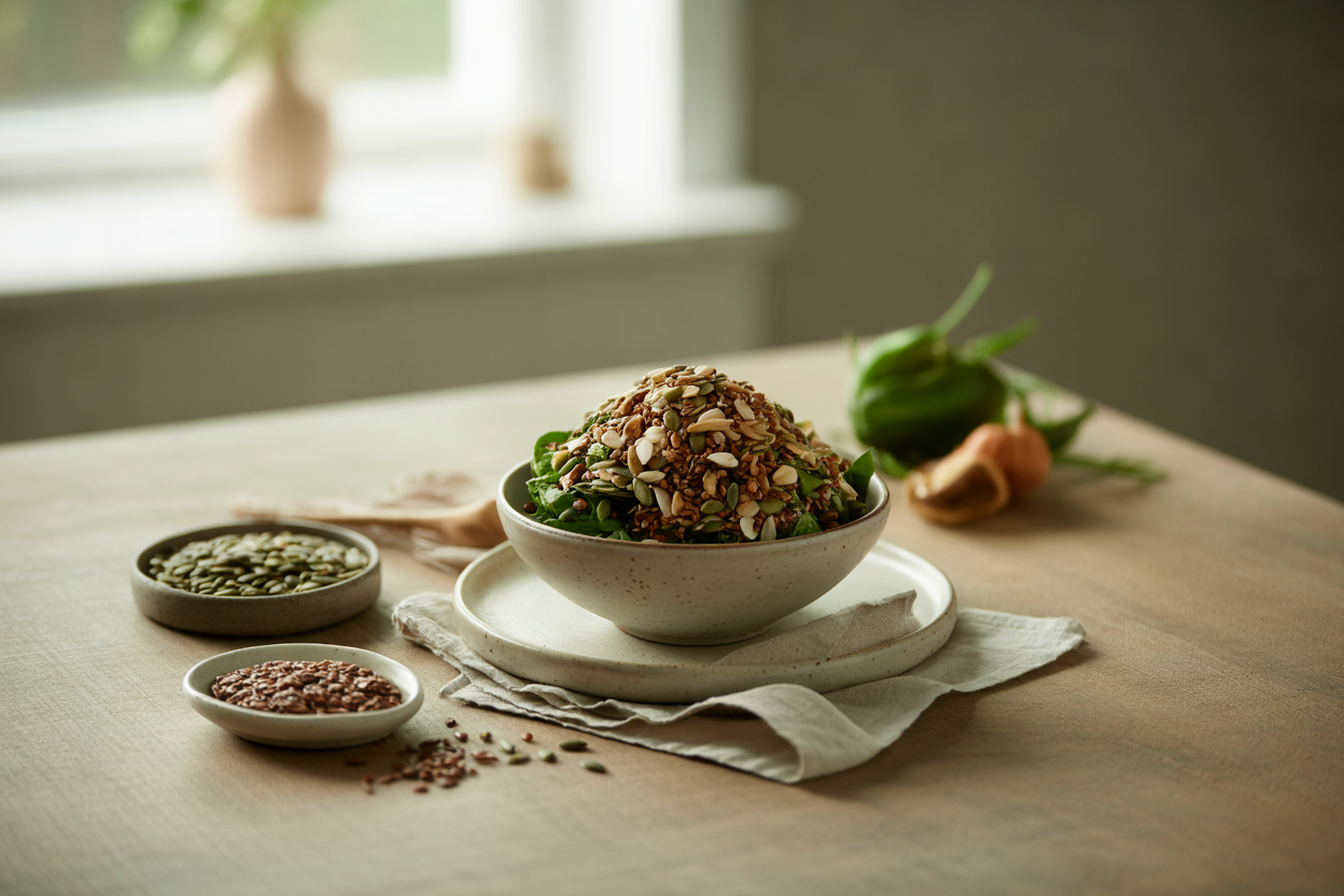 Raw seed and nut topping for soups and salads