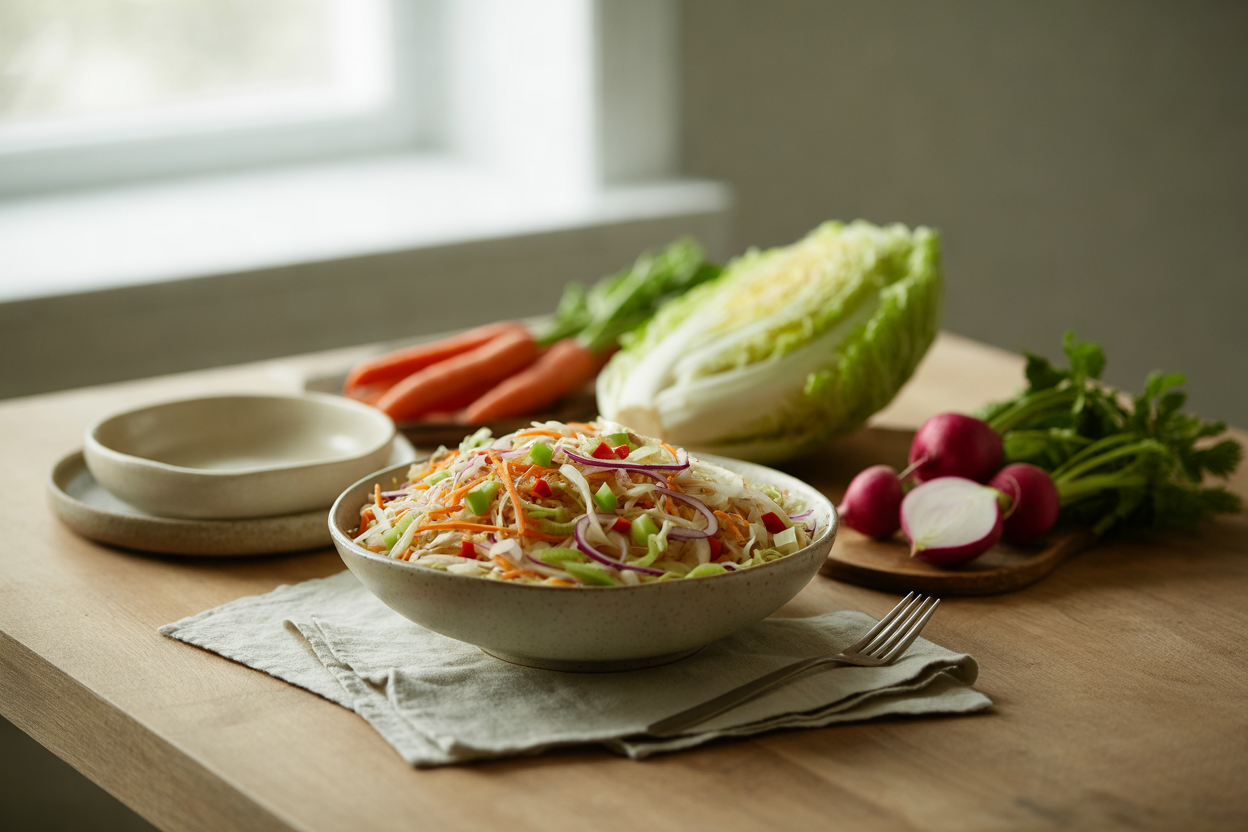 Zesty cabbage slaw with carrots, radishes and red pepper