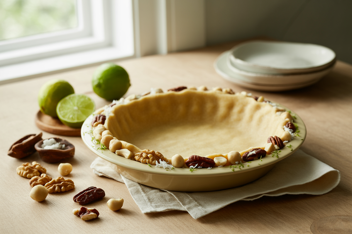 Raw macadamia nut pie crust with lime zest in a pie plate