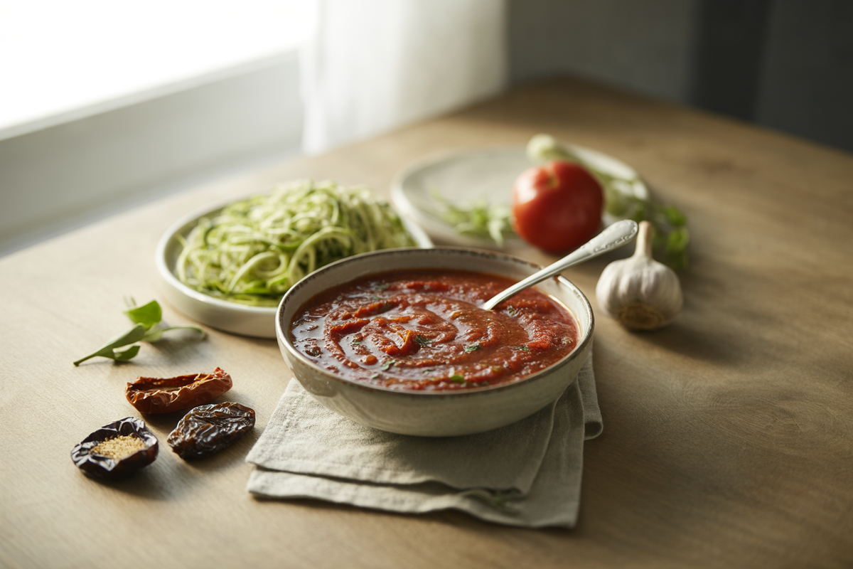 Zesty raw tomato sauce with zucchini noodles