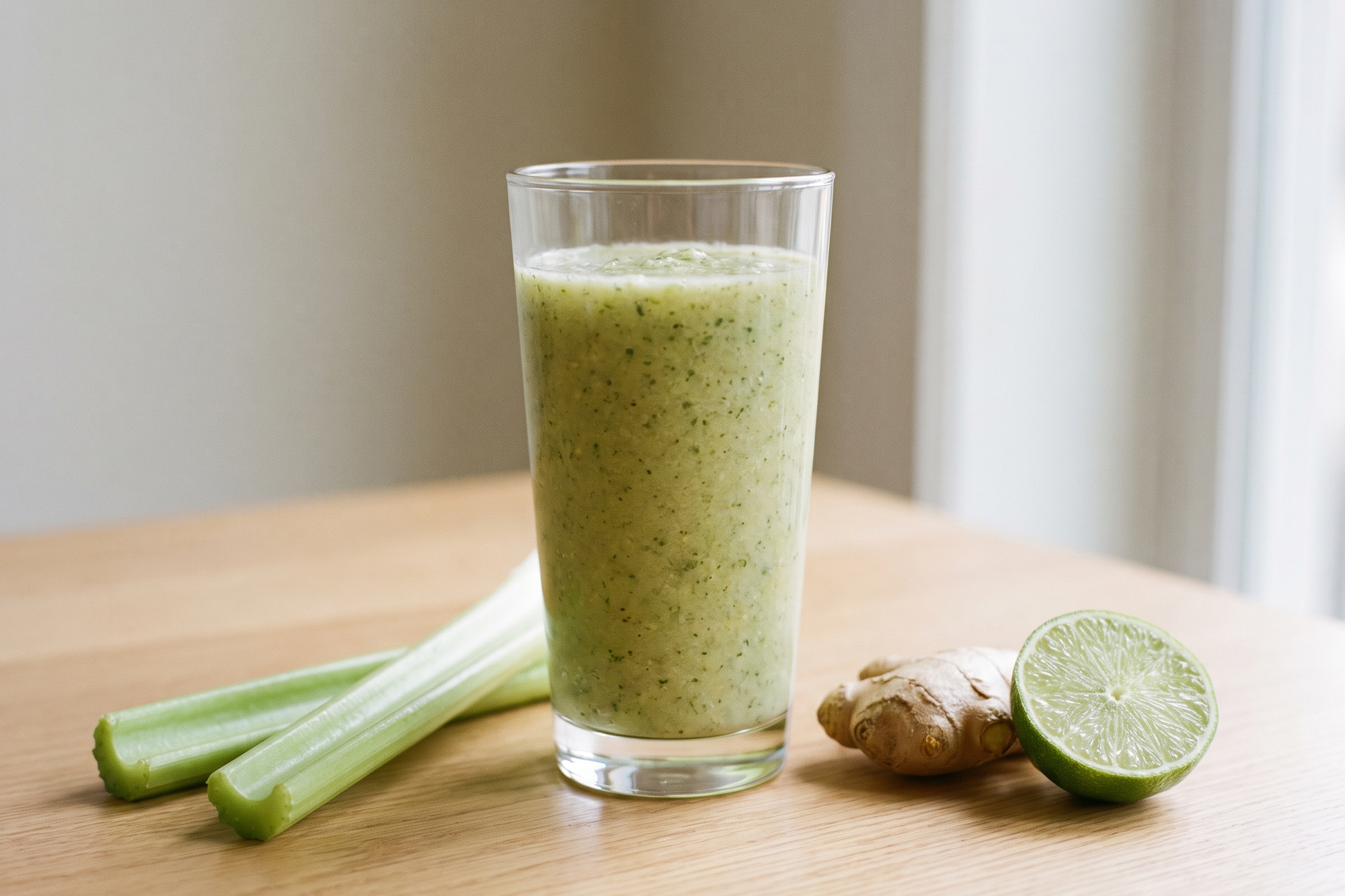 Green zinger veg-smoothie with celery, ginger and lime