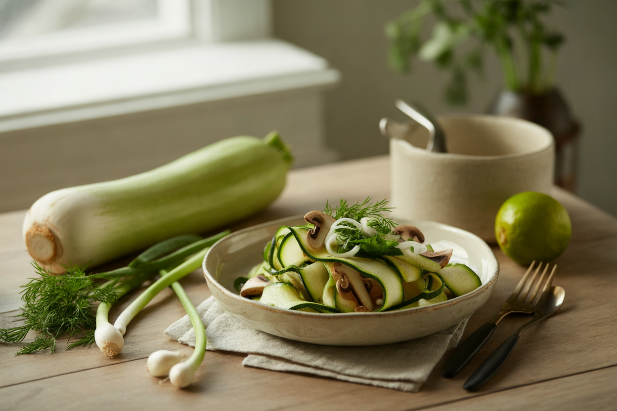 Zucchini dill salad with daikon radish and mushrooms