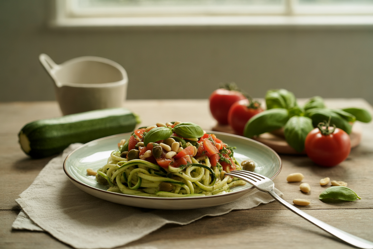 Zucchini pasta with raw puttanesca