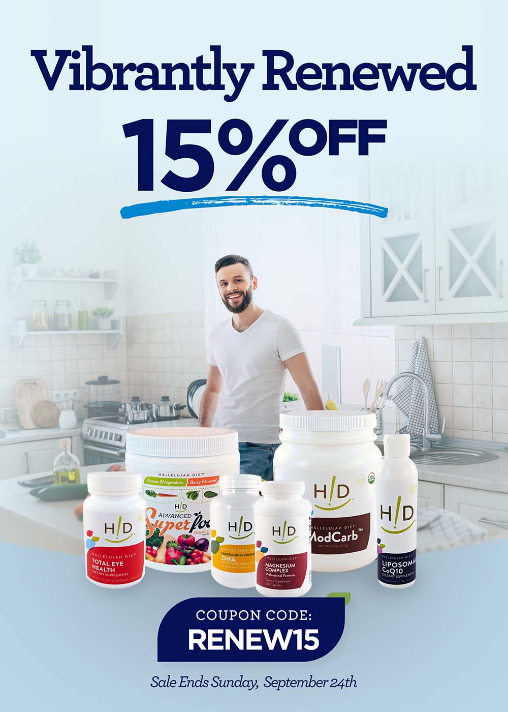 Happy man in kitchen with assortment of plant-based supplements on sale