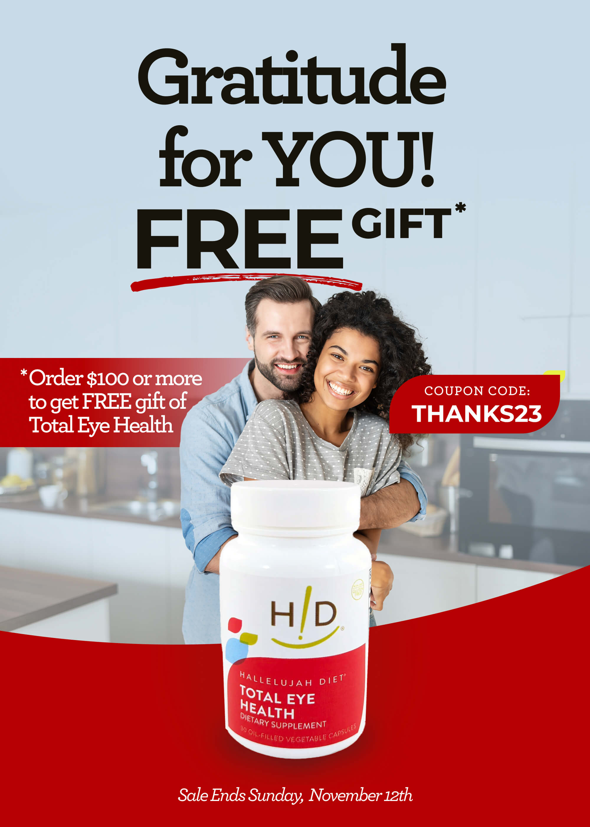 Hallelujah Diet Gratitude for You Sale - Happy man and woman hugging in the kitchen