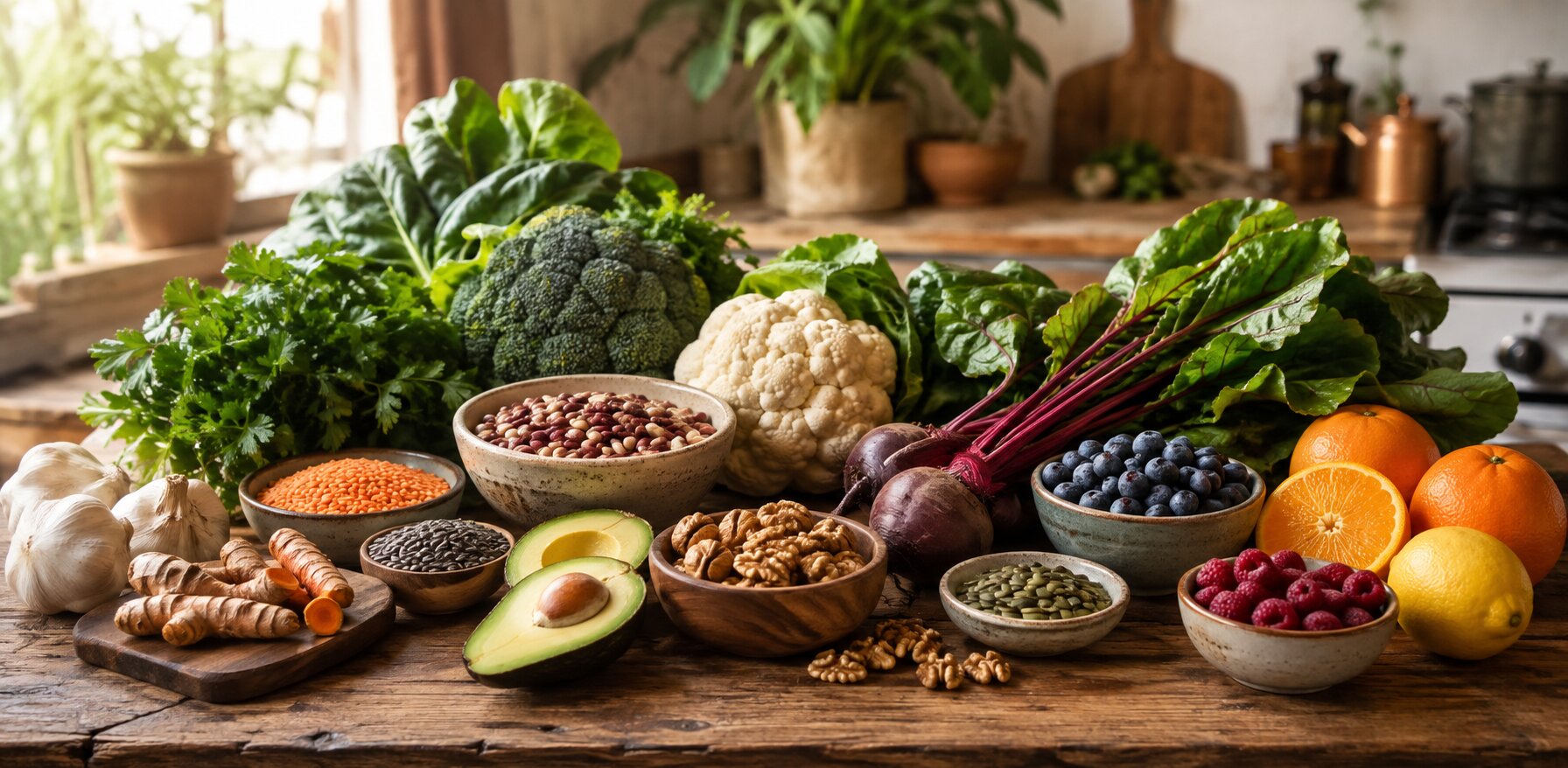 Fresh whole plant foods including leafy greens, vegetables, beans, seeds, berries, citrus, avocado and beets arranged on a kitchen counter