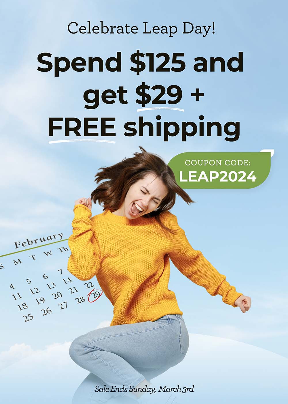 Woman jumping in the sky - leap day sale