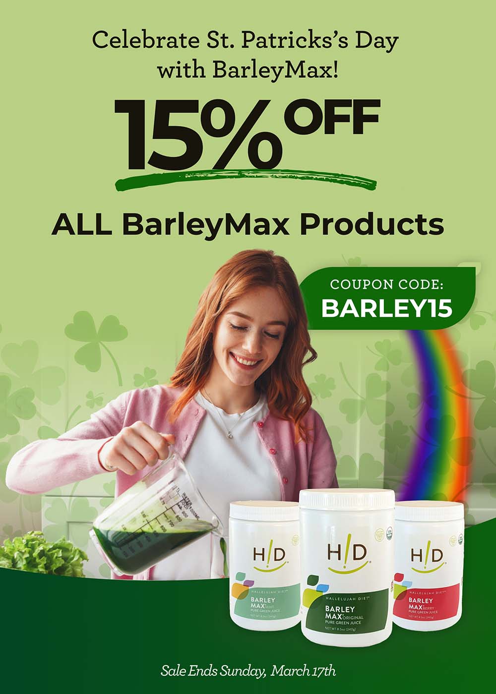 St. Patrick's Sale Sale - Red haired woman drinking green juice with shamrocks and rainbow