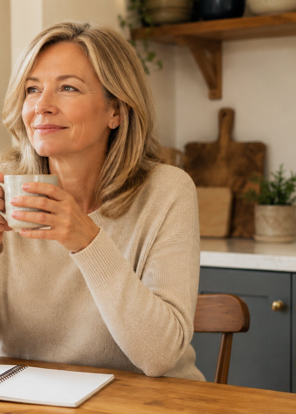 Woman sitting thoughtfully at a kitchen table with a mug and notebook, reflecting on everyday health and wellbeing.