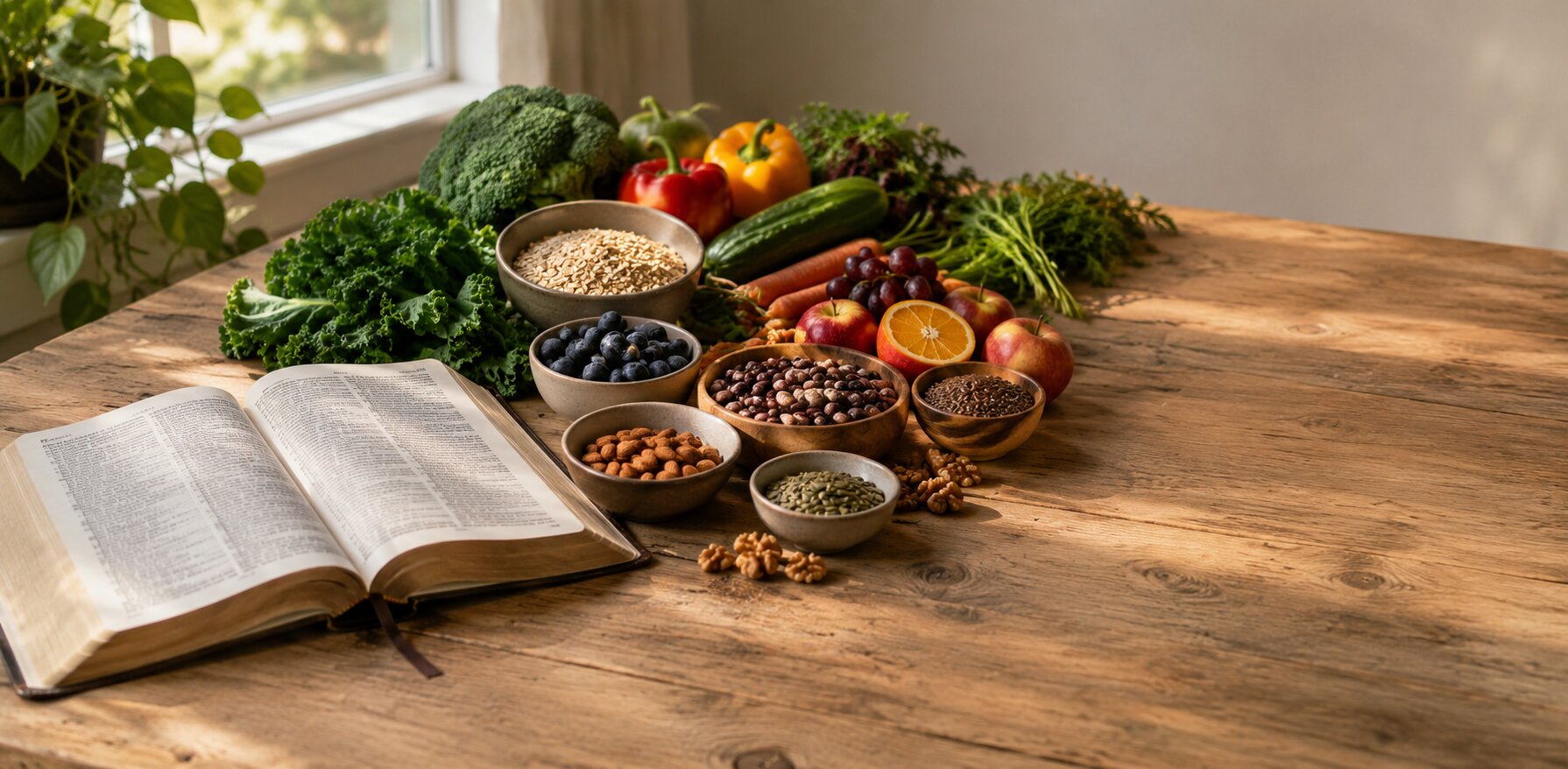 Open Bible beside whole plant foods including leafy greens, grains, beans, fruit, and seeds on a wooden table.